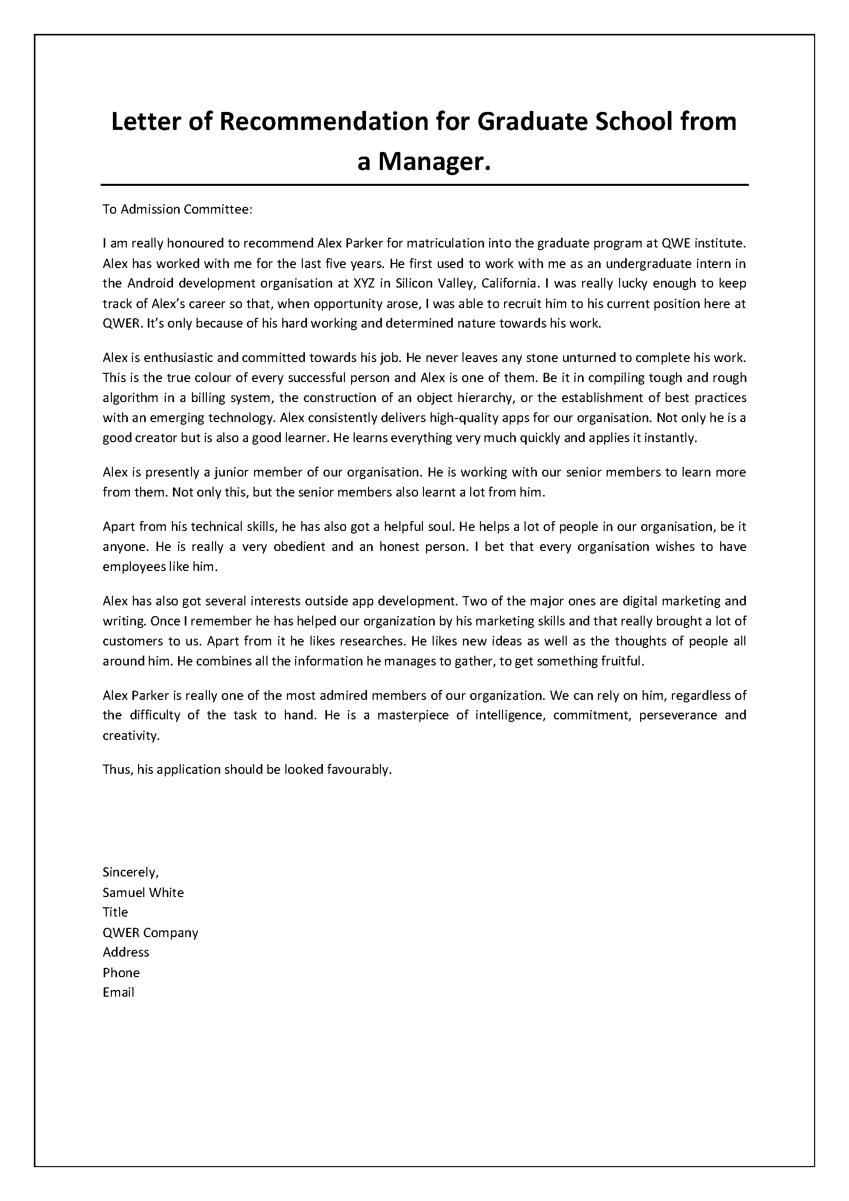 Grad school letter of recommendation example