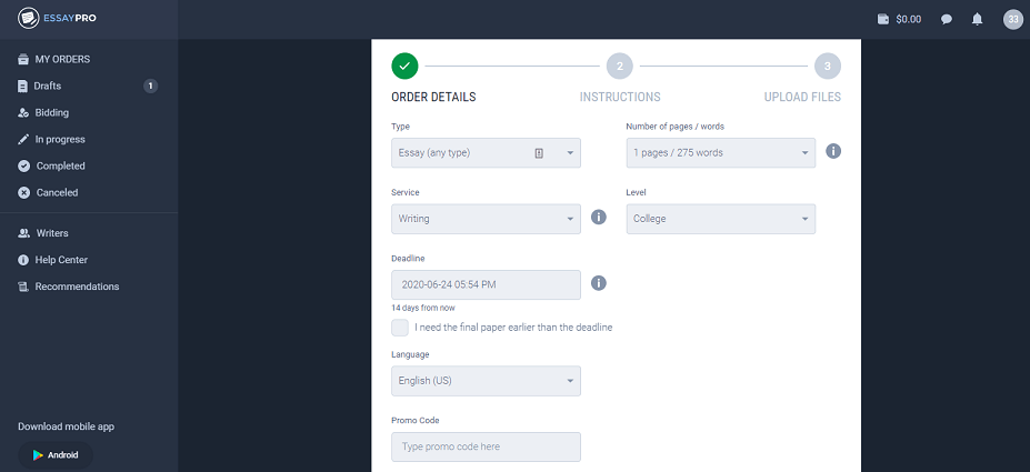 essaypro dashboard